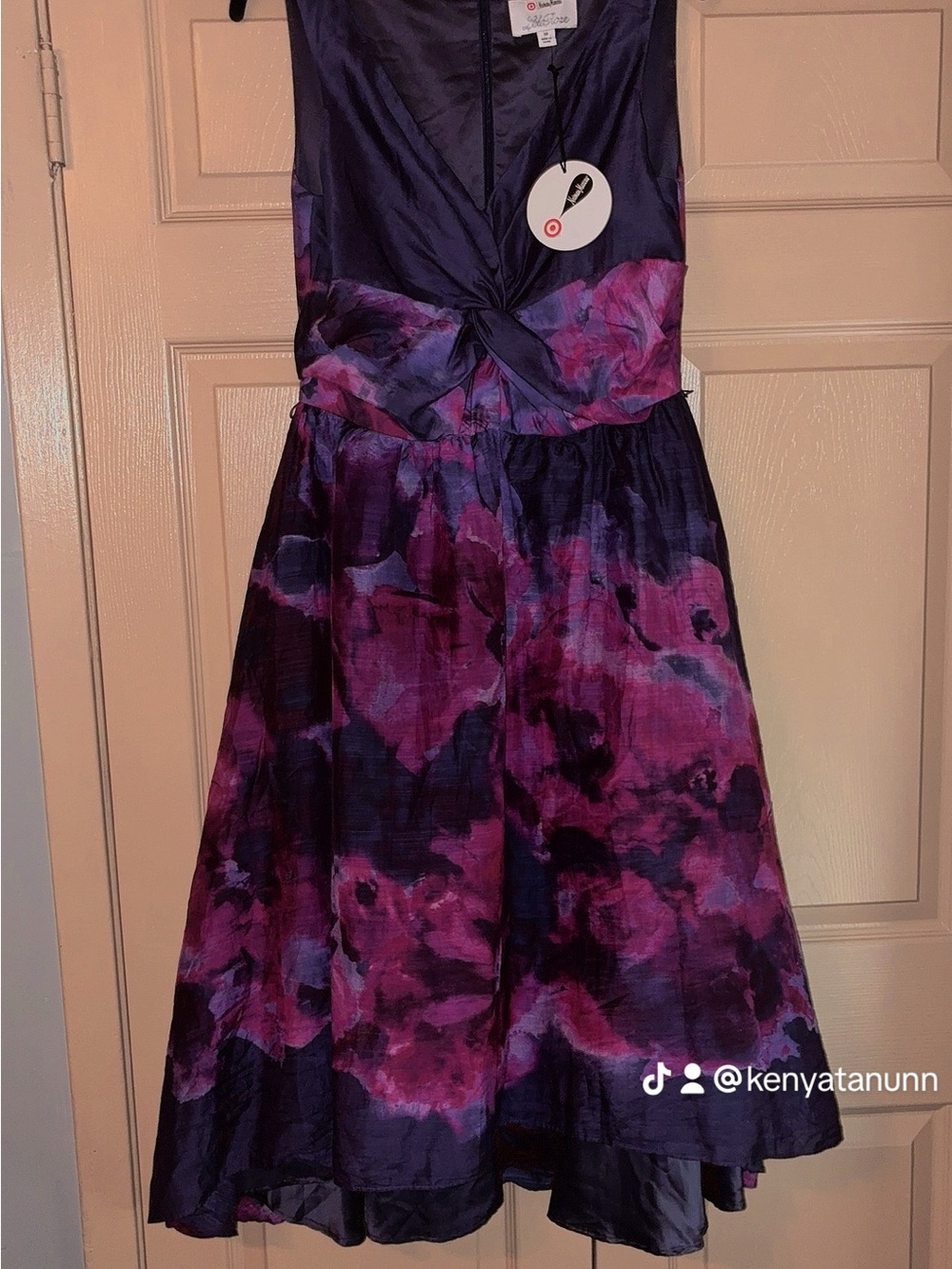 Neiman Marcus Lela Rose Purple and Pink Floral Tie-Waist Party Dress